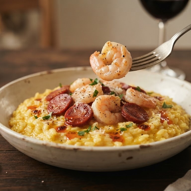 Risotto met salami en garnalen