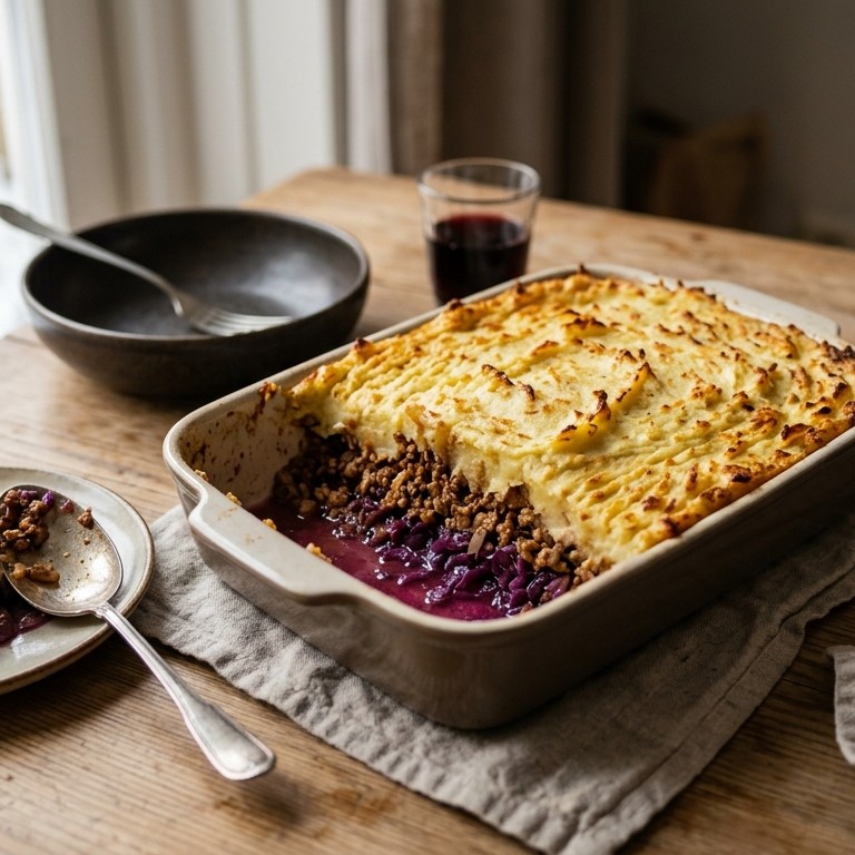 Rode kool ovenschotel met puree en gehakt