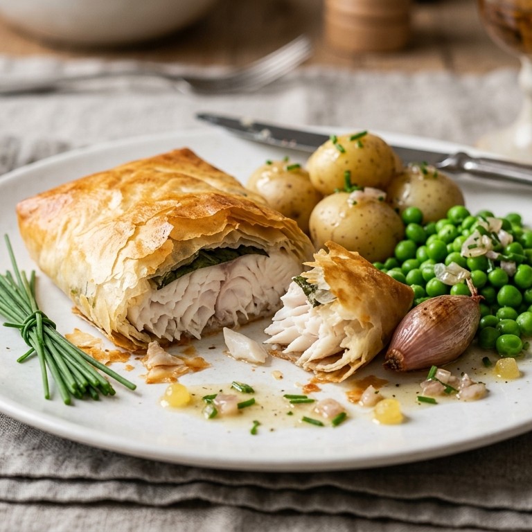 Rode mulfilet bedekt met basilicum en filodeeg