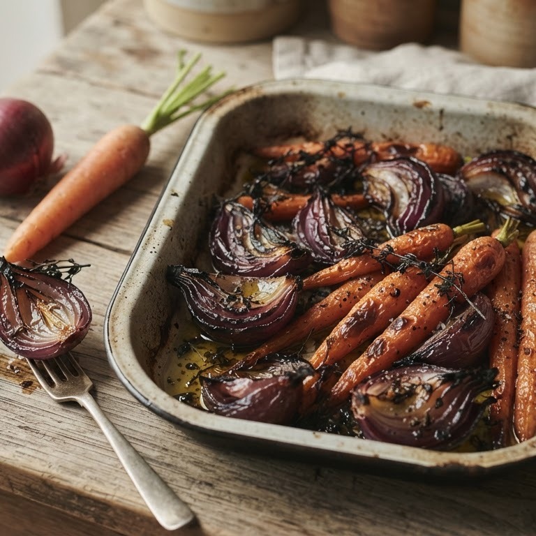 Rode ui met worteltjes uit de oven
