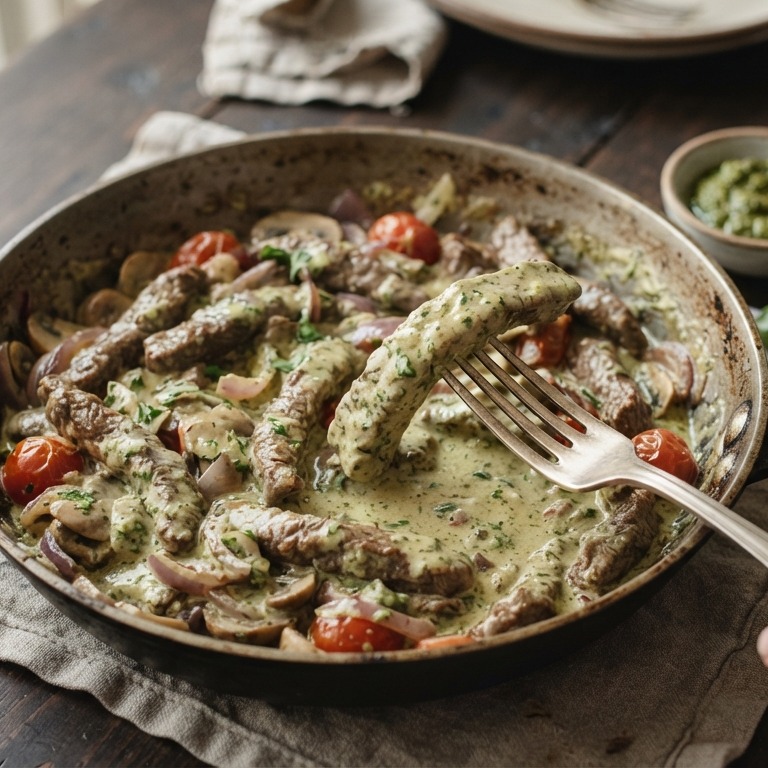 Roerbak-runderreepjes met pesto-cremesaus