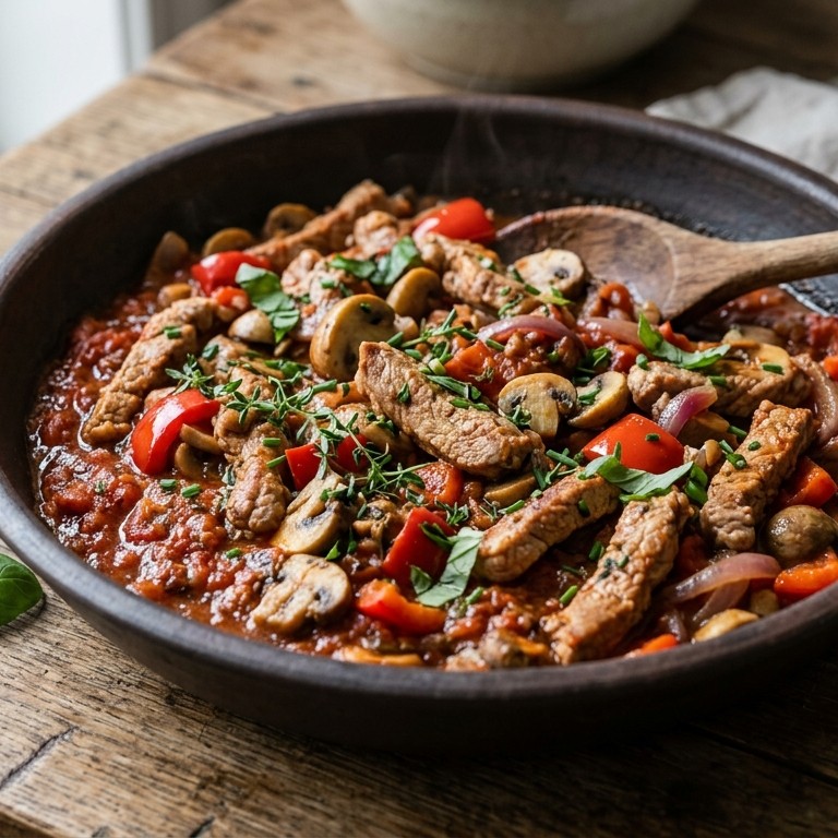 Roerbak van hamlappen met tomatensaus