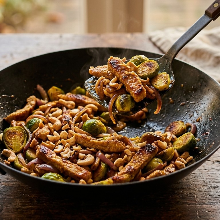 Roerbak van schnitzelreepjes met spruitjes
