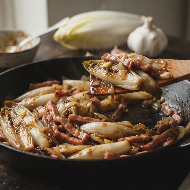 Roerbak witlof met ham, ui en knoflook