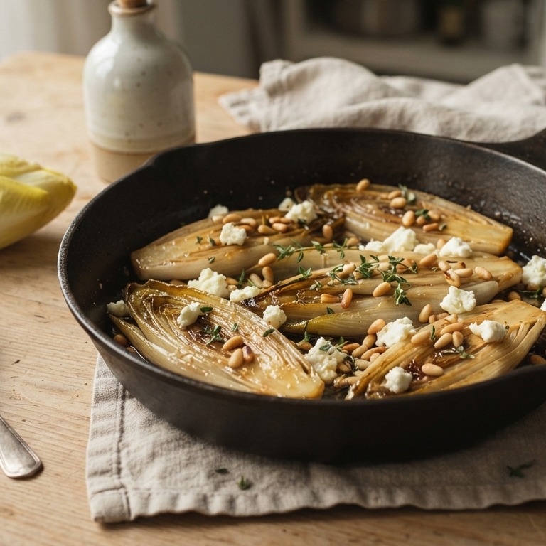 Roerbak witlof met honing, feta en pijnboompitten