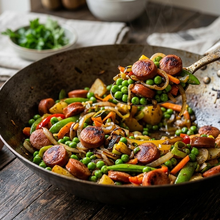 Roerbakgerecht met knakworst
