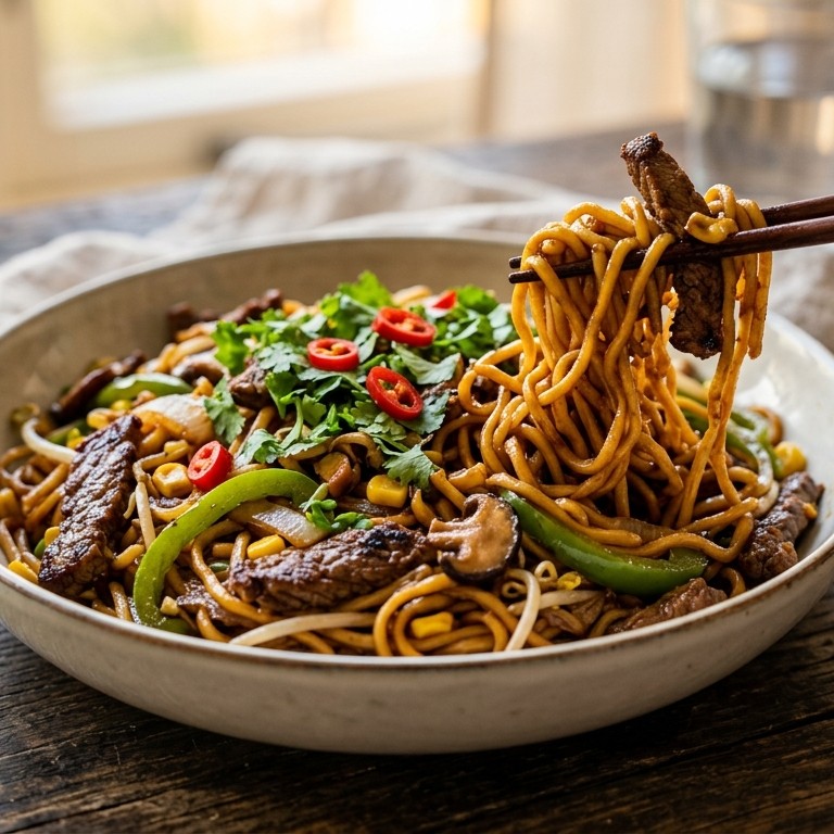 Roerbakmie met runderreepjes