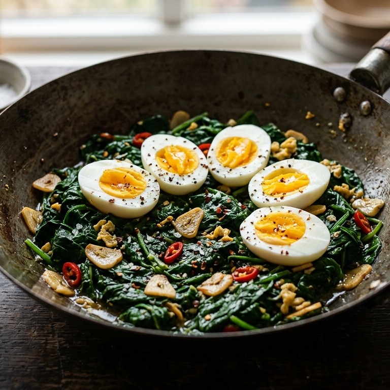 Roerbakspinazie met knoflook en ei
