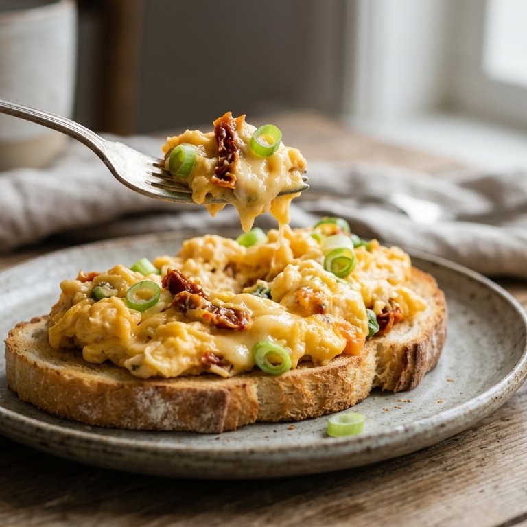 Roerei met bosuitjes, tomaat en kaas