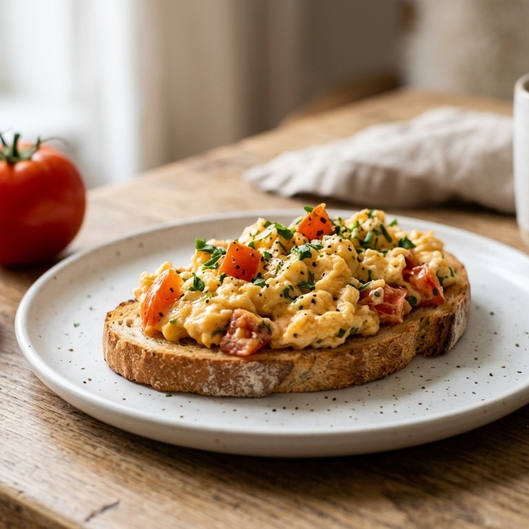Roerei met brood en tomaat