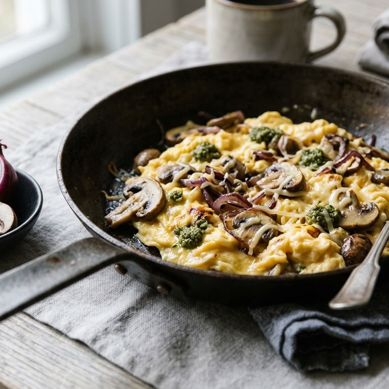 Roerei met champignons, kruiden en kaas