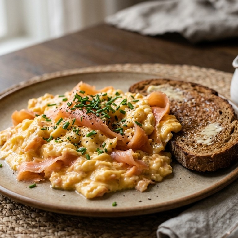 Roerei met gerookte zalm en bieslook