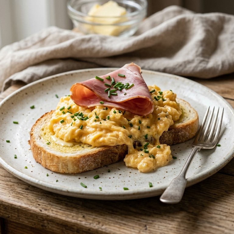 Roerei met hamtoast en bieslook