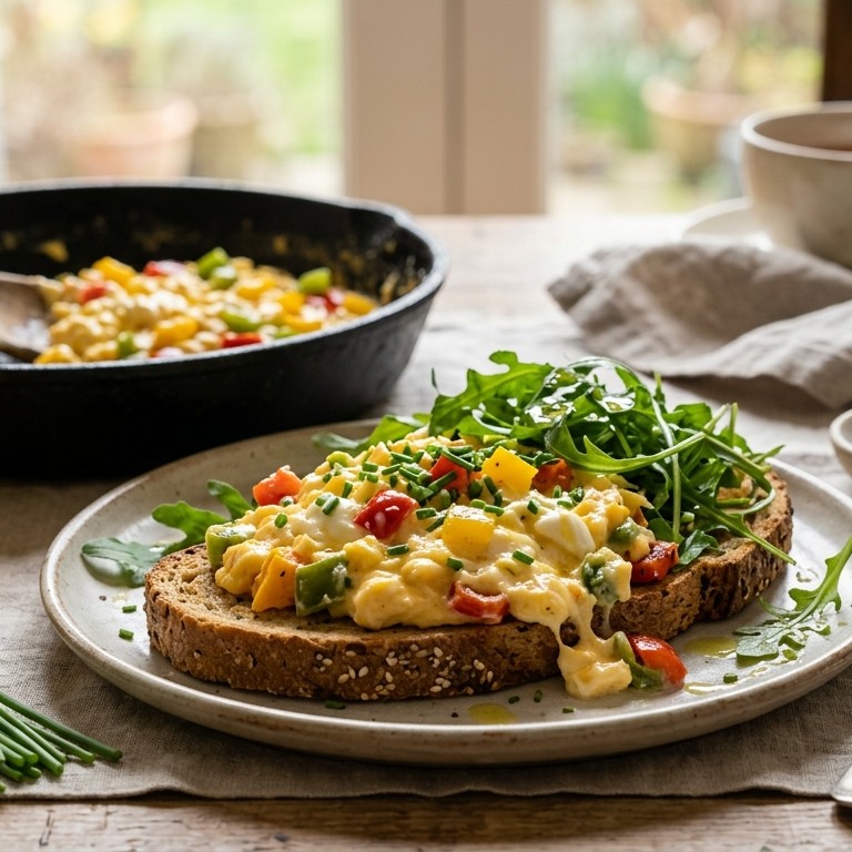 Roerei met paprika, mascarpone en rucola