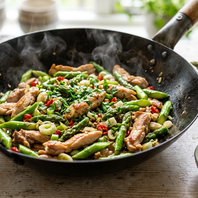 Roergebakken asperges met kip