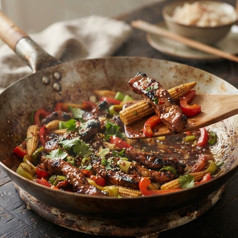 Roergebakken babi pangang met paprika en mini mais