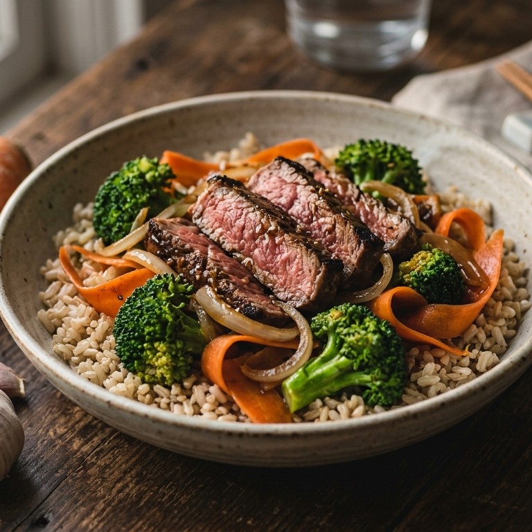 Roergebakken broccoli met biefstuk en wortel