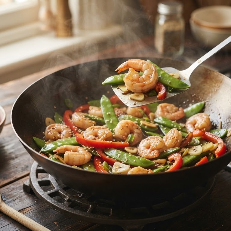 Roergebakken garnalen met peultjes en rode paprika
