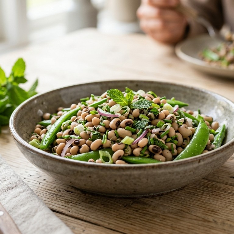 Roergebakken oogbonen en sugar snaps