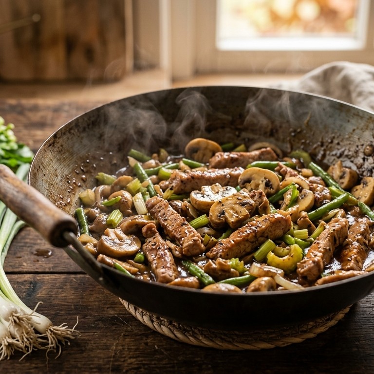 Roergebakken varkensvlees met groenten in jachtsaus