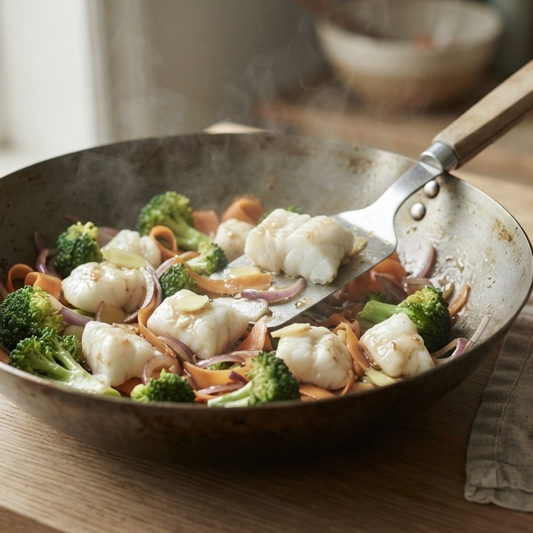 Roergebakken vis met wortel en broccoli