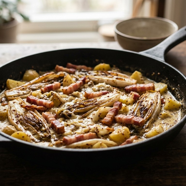 Roergebakken witlof met bacon en mosterdsaus