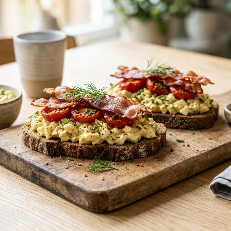 Roggebrood met eiersalade, tomaat en bacon