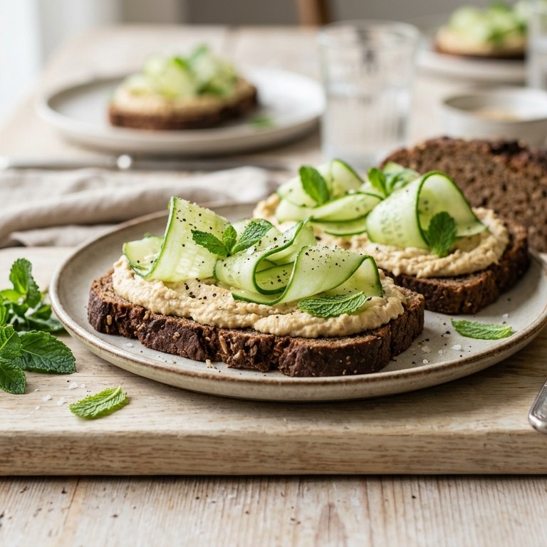 Roggebrood met houmous en komkommer