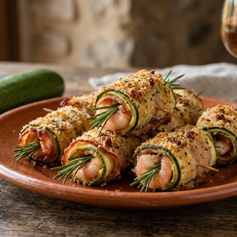 Rolletjes van courgette, garnalen en bacon