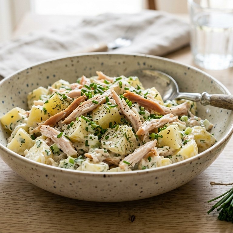 Romige aardappelsalade met gerookte kip