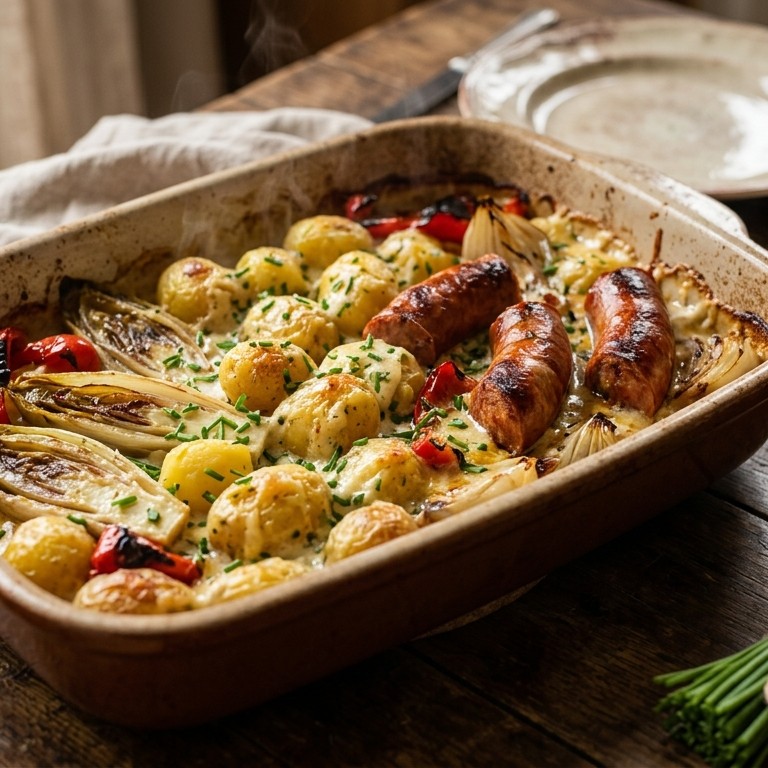 Romige aardappeltjes met witlof en worstjes