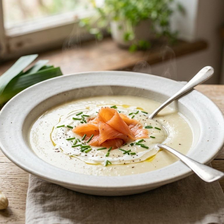 Romige aspergesoep met bieslook en gerookte zalm
