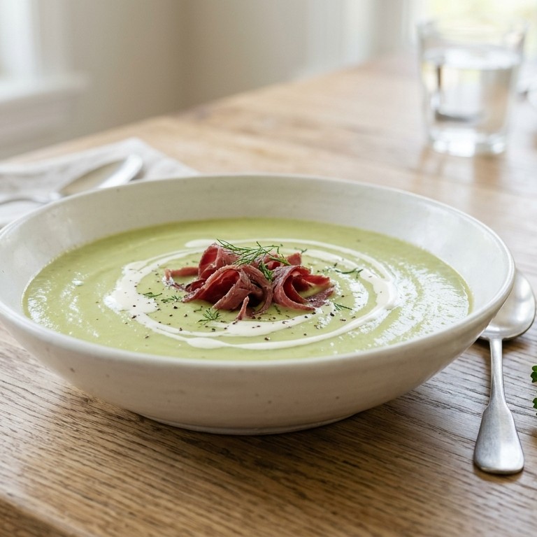 Romige avocadosoep met runderrookvlees