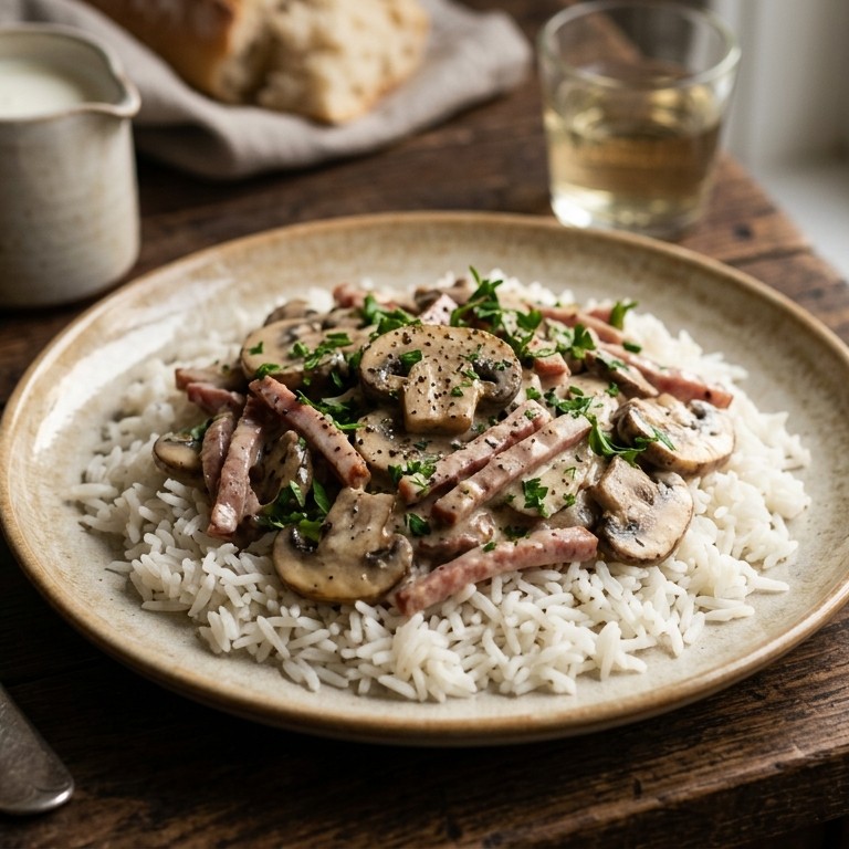 Romige champignons met salami en rijst