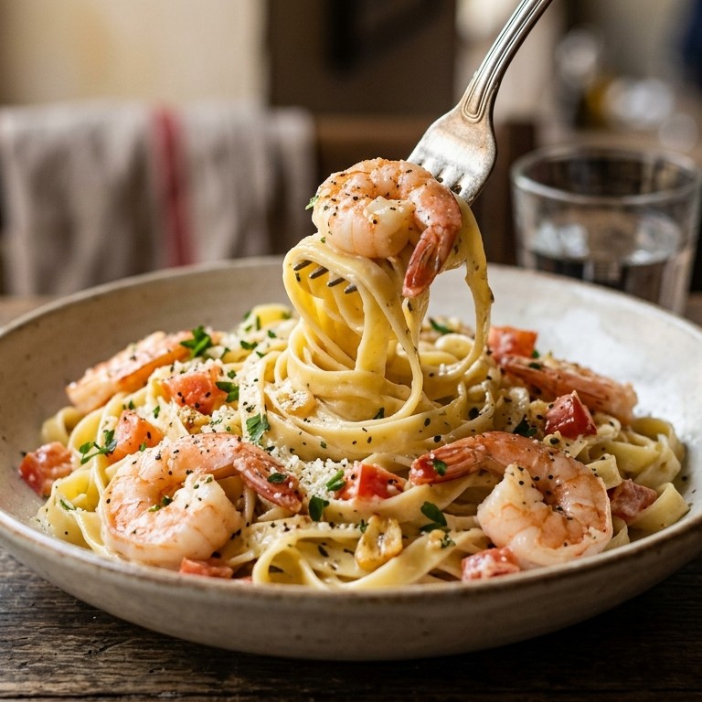 Romige fettuccine met knoflook en garnalen