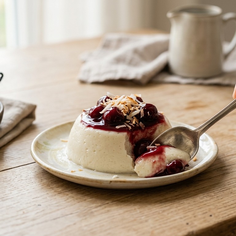 Romige kokospudding met kersen