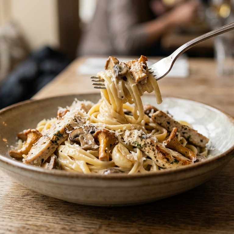 Romige pasta met champignons, knoflook en geraspte parmezaan