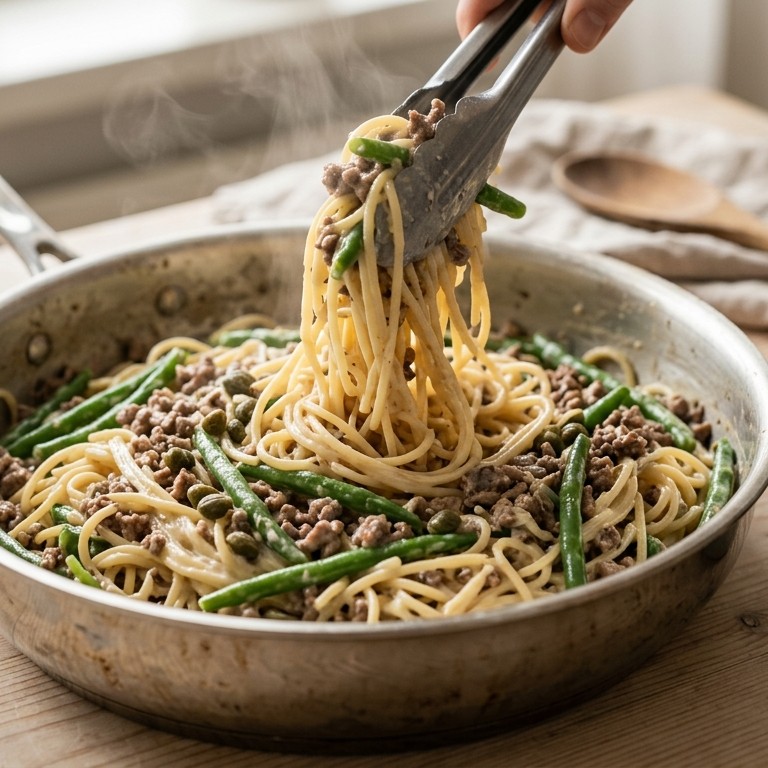 Romige spaghetti met sperziebonen