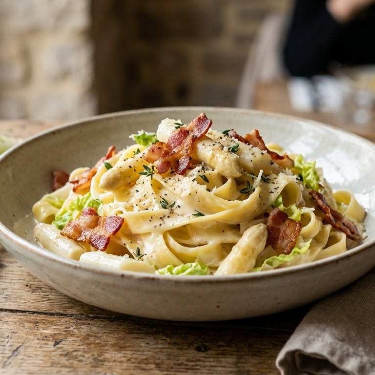 Romige tagliatelle met spekjes en witte asperges