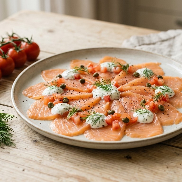 Romige zalmcarpaccio met tomaten-dille
