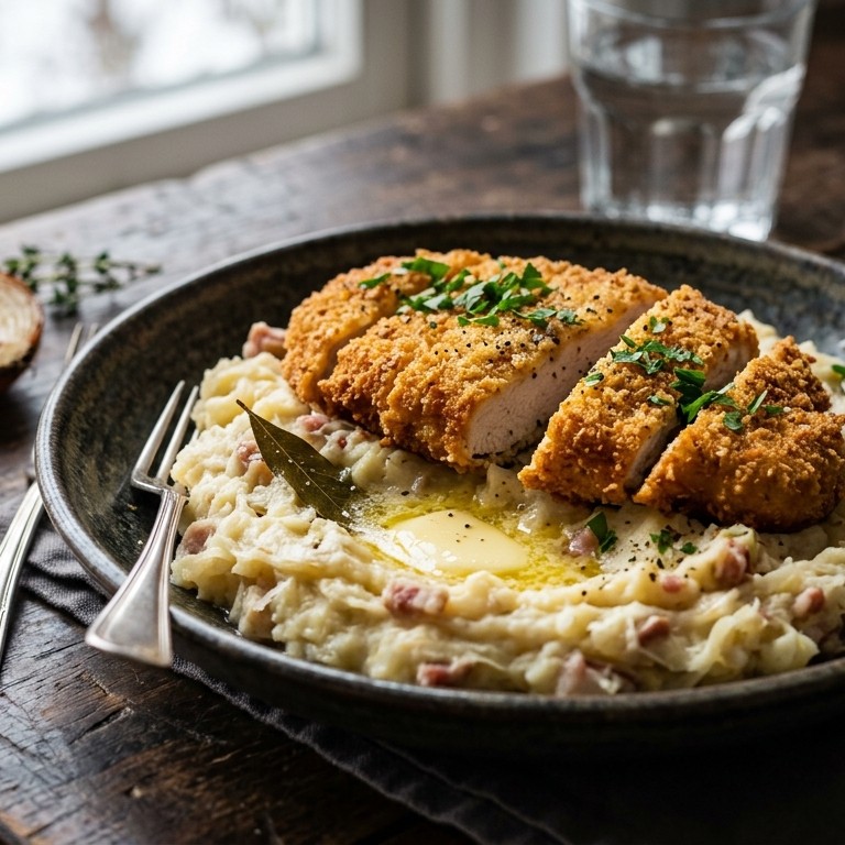 Romige zuurkoolstamppot met ovenschnitzel