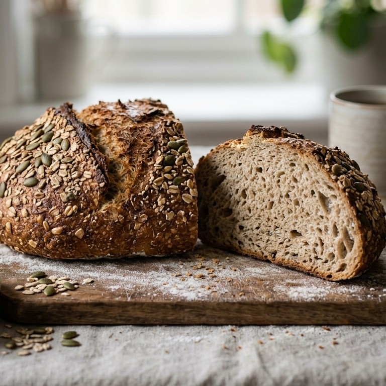 Rond bruin spelt-tarwe-speltvlokkenbrood met pompoenpitten