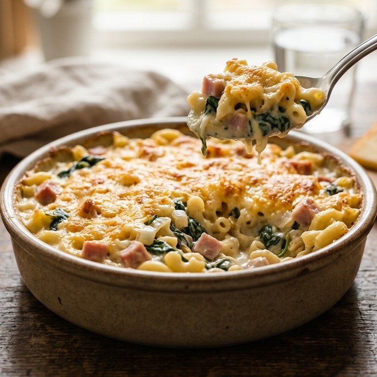 Ronige macaroni met spinazie, kaas en ham