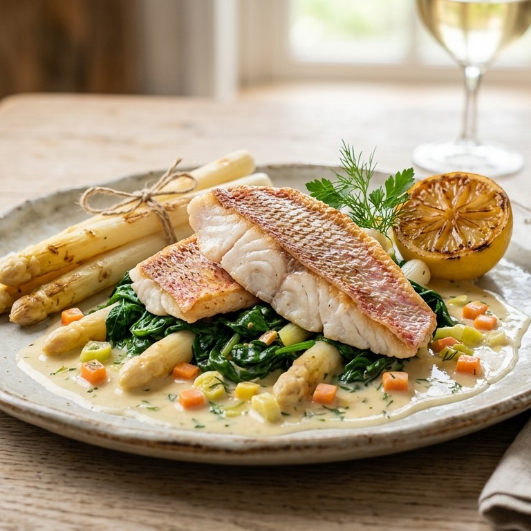 Roodbaars met spinazie en asperges