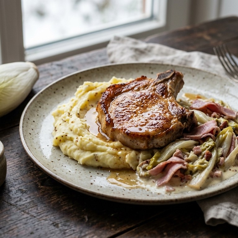 Roomandijvie met ham, mosterdpuree en ribkarbonade