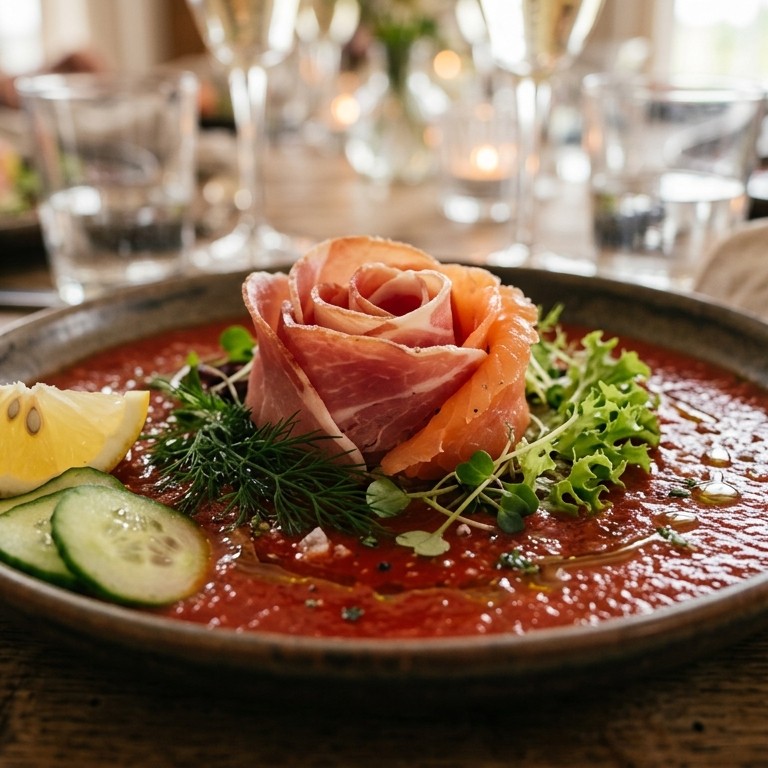 Roos van gandaham en zalm op een spiegel van gazpacho
