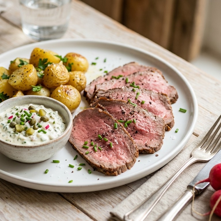 Rosbief  met bieslookremoulade en krieltjes