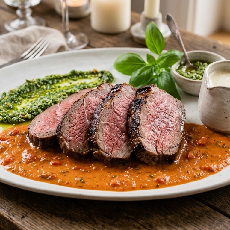 Rosbief met pesto en tomatencoulis