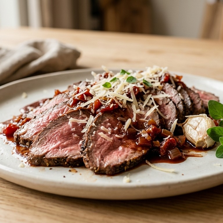 Rosbief met tomatensaus, gembersiroop en geraspte belegen kaas