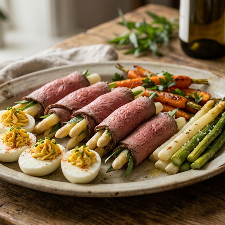 Rosbiefrolletjes met gevulde eitjes en asperges
